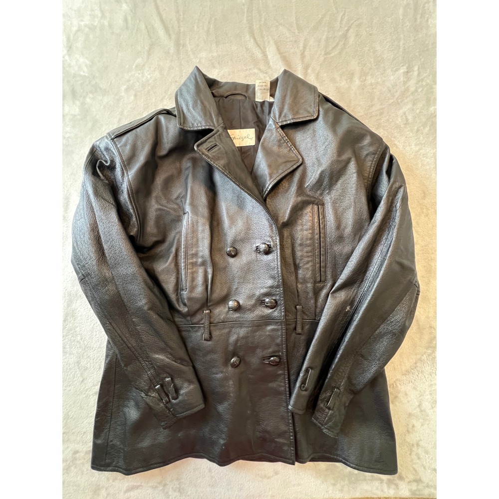 VTG Spiegel Leather Jacket Women XL Black Double Breasted Peacoat